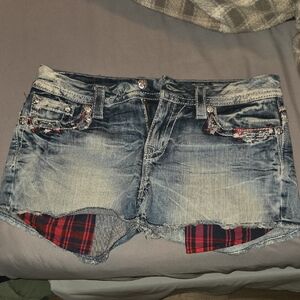 Miss Me Denim Shorts with Plaid Detail